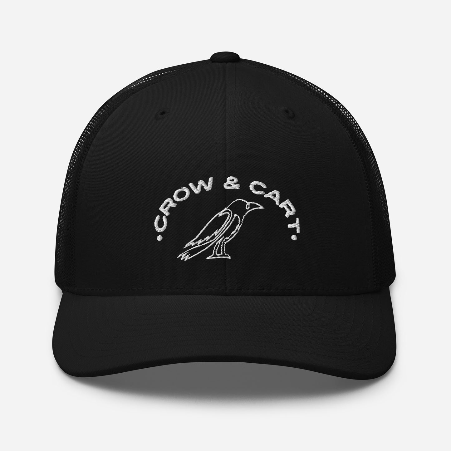 Crow & Cart Trucker Hat. White Stitching.