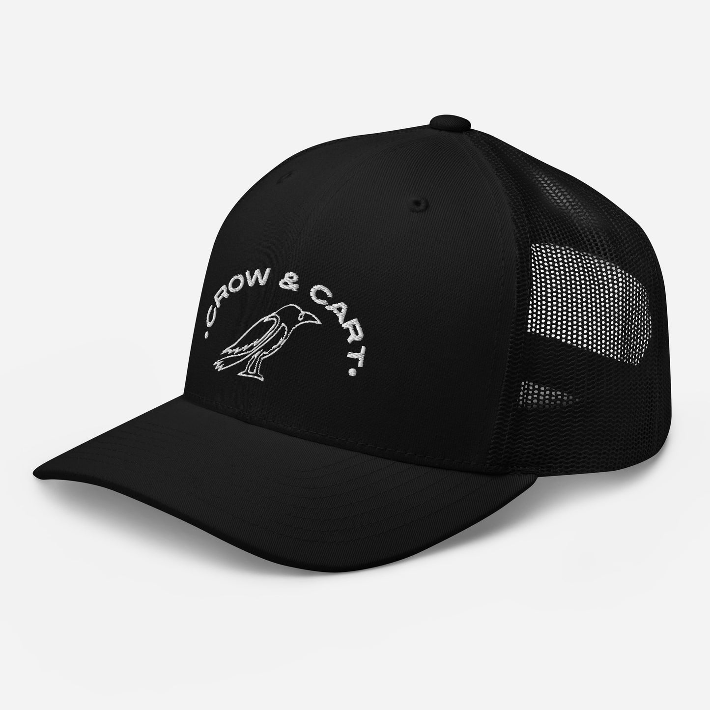 Crow & Cart Trucker Hat. White Stitching.